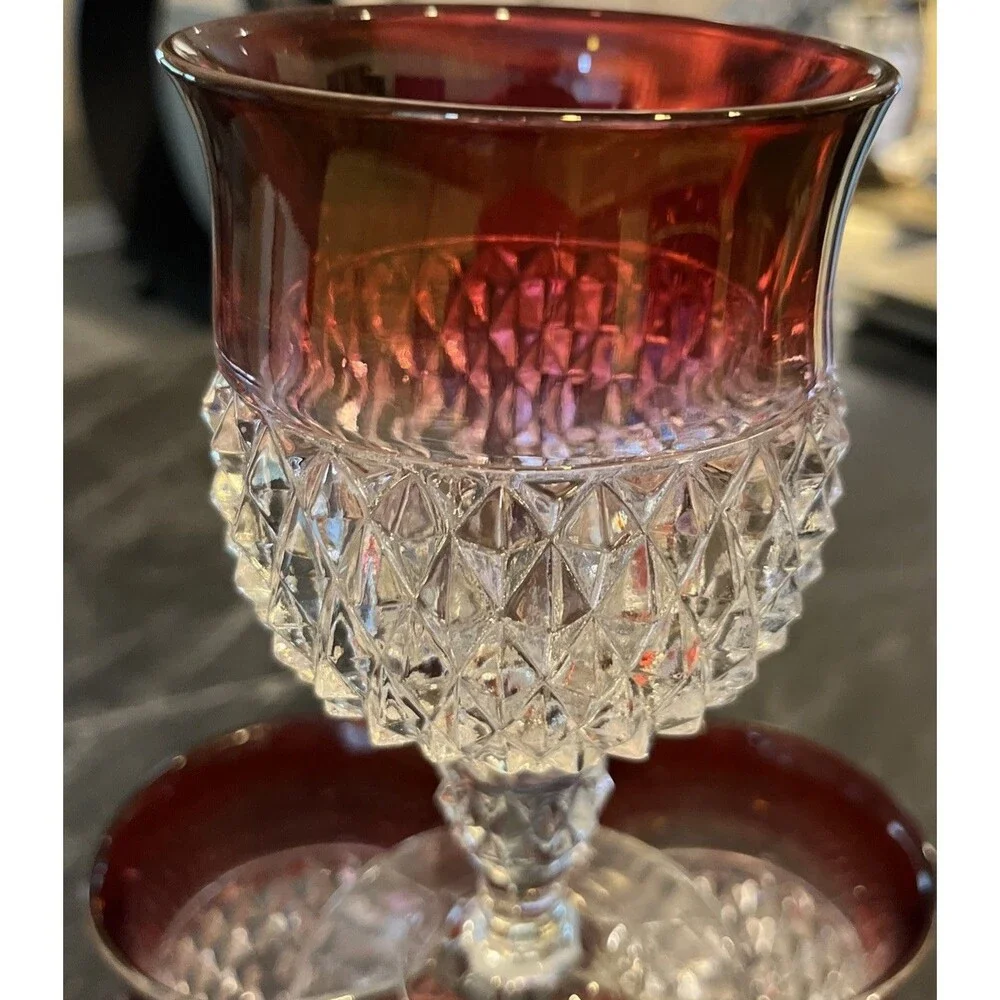 VNTG set of 5 Diamond Point & Ruby Red Flash Water Wine Goblets  Indiana Glass
